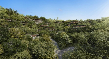 Vue aérienne du projet de futur boutique-hôtel Bulgari Resort de 58 chambres, à Los Angeles.