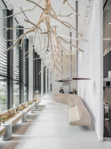 Le hall marie arbres suspendus, lampes champignons et banque d'accueil en forme d'ammonite déroulée.