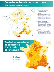 Carte des arrêtés de restriction d'eau par département et territoires avec risque de sécheresse d'ici la fin de l'été 2023.