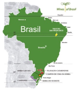 Les six régions viticoles : Serra Gaúcha, Campanha, Serra do Sudeste, Campos de Cima da Serra, Planalto Catarinense, Vale do São Francisco.