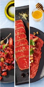 Le Tartare coupé au couteau Label Rouge, le tataki réalisé dans du faux-filet de race Limousine et le carpaccio en muscles de faux-filet de race limousine. Trois recettes préparées par Clément Bouvier. Le Tartare coupé au couteau Label Rouge, le tataki réalisé dans du faux-filet de race Limousine et le carpaccio en muscles de faux-filet de race limousine. Trois recettes préparées par Clément Bouvier.