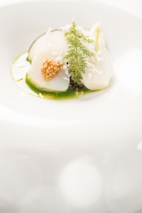 Noix de Saint-Jacques à la moutarde, quinoa rouge, neige de chèvre frais, vinaigrette salade verte, huile de moutarde