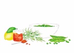 Soupe de petits pois à l'aneth glacé, oeufs de saumon et petits pois en salade