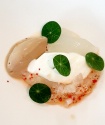 Langoustine juste saisie, consommé en glace et en gelée, lait ribot