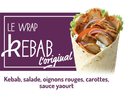 Le Wrap Kebab original : Kebab, salade, oignons rouges, carottes, et sauce yaourt. Le Wrap Kebab original : Kebab, salade, oignons rouges, carottes, et sauce yaourt.
