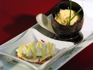 Bijou de tapioca aux crustacés et palmier frais, brandade de Tucunaré.
