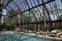 Longue piscine sous verrière reliée au spa.