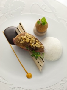 Pigeonneau de Mme Leguen/ Rôti sur le coffre. Rhubarbe pochée au poivre des cîmes, salsifis, purée de racines, crumble de pain d'épice, jus de pigeon acidulé. Pigeonneau de Mme Leguen/ Rôti sur le coffre. Rhubarbe pochée au poivre des cîmes, salsifis, purée de racines, crumble de pain d'épice, jus de pigeon acidulé.