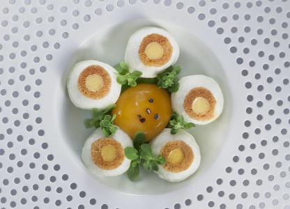 Blanc-manger d'oeuf à la népita, coulis de petits pois, miel sauvage de romarin Blanc-manger d'oeuf à la népita, coulis de petits pois, miel sauvage de romarin