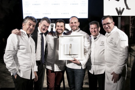 Les lauréats, Régis Marcon (2014), Olivier Charriaud, directeur champagne Collet, Eric Guérin (2015), Grégory Marchand (2017), Frédéric Doucet (2016) et Nicolas Stamm (2013).