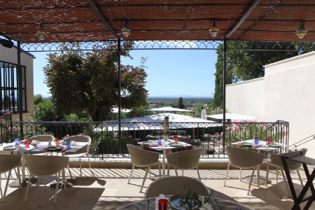 La terrasse, à l'abri du mistral, permet de profiter d'une vue sur les vignes et même Avignon à l'horizon. C'est l'un des atouts du restaurant. La terrasse, à l'abri du mistral, permet de profiter d'une vue sur les vignes et même Avignon à l'horizon. C'est l'un des atouts du restaurant.