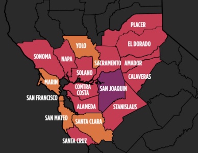 Pour rouvrir les restaurants, la Californie a mis en place un code couleur par comté, allant du pourpre au jaune. Ici, la baie de San Francisco et Sacramento.
