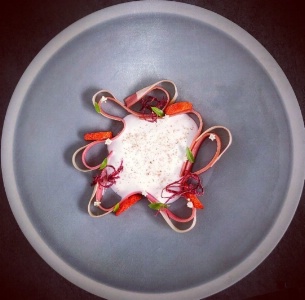 Tourteau de Roscoff, compotée de fraise et sureau, rhubarbe croquante et huile de verveine.