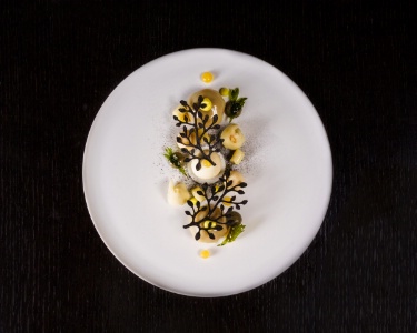 Céleri-rave de la Ferme du Pichou, fromage pastoral, dashi de céleri fumé et raviole ouverte à la cardamome.