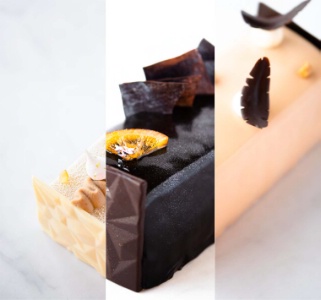 Trois bûches réalisées par Yannick Franques, chef de La Tour d'Argent : chocolat-orange ; poire-caramel ; citron-praliné. Trois bûches réalisées par Yannick Franques, chef de La Tour d'Argent : chocolat-orange ; poire-caramel ; citron-praliné.