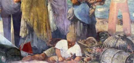 Le tableau du Bistrot de Cancale : une scène de pêche devant les remparts de Saint-Malo.