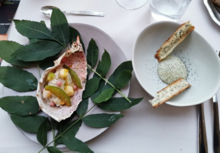 Araignée de mer et salade fermentée, huile d'agrumes, servie avec un bol de crème vegan et chips d'algues