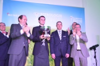 De g à d : Pascal Sabrié, président d'Heineken France, Arnaud Lesage et son professeur, Jacques Wirrmann et Pascal Chevremont, délégué général de l'Association des brasseurs de France.