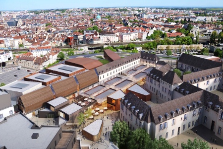 Les plans de projection de la future Cité de la gastronomie de Dijon. À droite, les bâtiments anciens de l'Hôpital général. Devant, les nouvelles constructions.