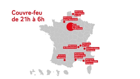 La carte des zones en couvre-feu publiée par le Gouvernement. La carte des zones en couvre-feu publiée par le Gouvernement.