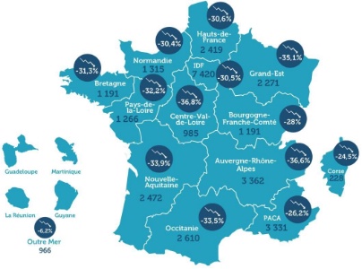 La carte de France des pertes d'emplois des dirigeants d'entreprises 2020. La carte de France des pertes d'emplois des dirigeants d'entreprises 2020.